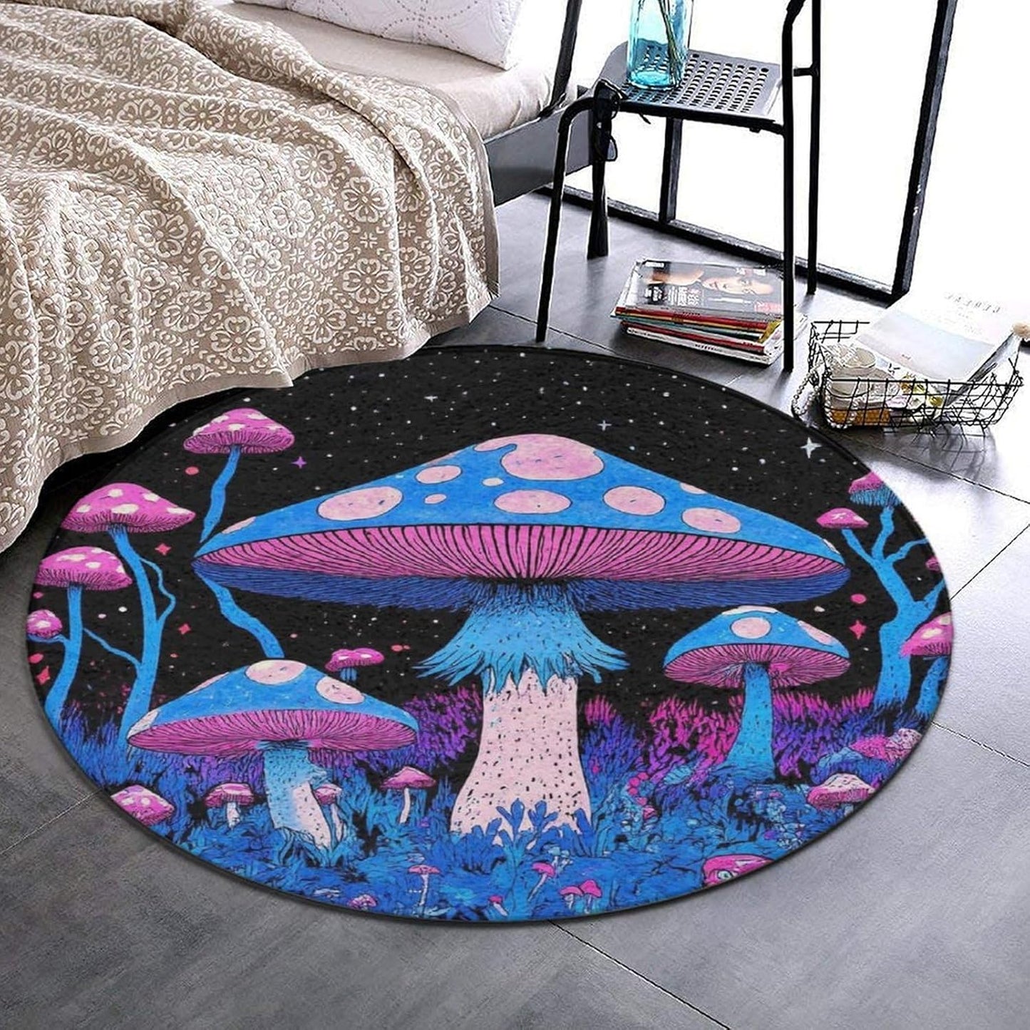 Machine Washable Modern Round Area Rug, Room Sofa Yoga Soft Round Carpet, Home Decor Non Slip Kitchen Office Circle Rug Trippy Rainbow Mushroom Tie Dye Art, 60inch