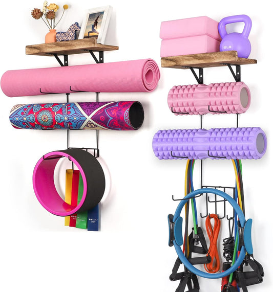 Bikoney Yoga Mat Holder Wall Mount Yoga Mat Storage Home Gym Accessories with Wood Floating Shelves and 4 Hooks for Hanging Foam Roller and Resistance Bands Fitness Home Gym Carbonized Black