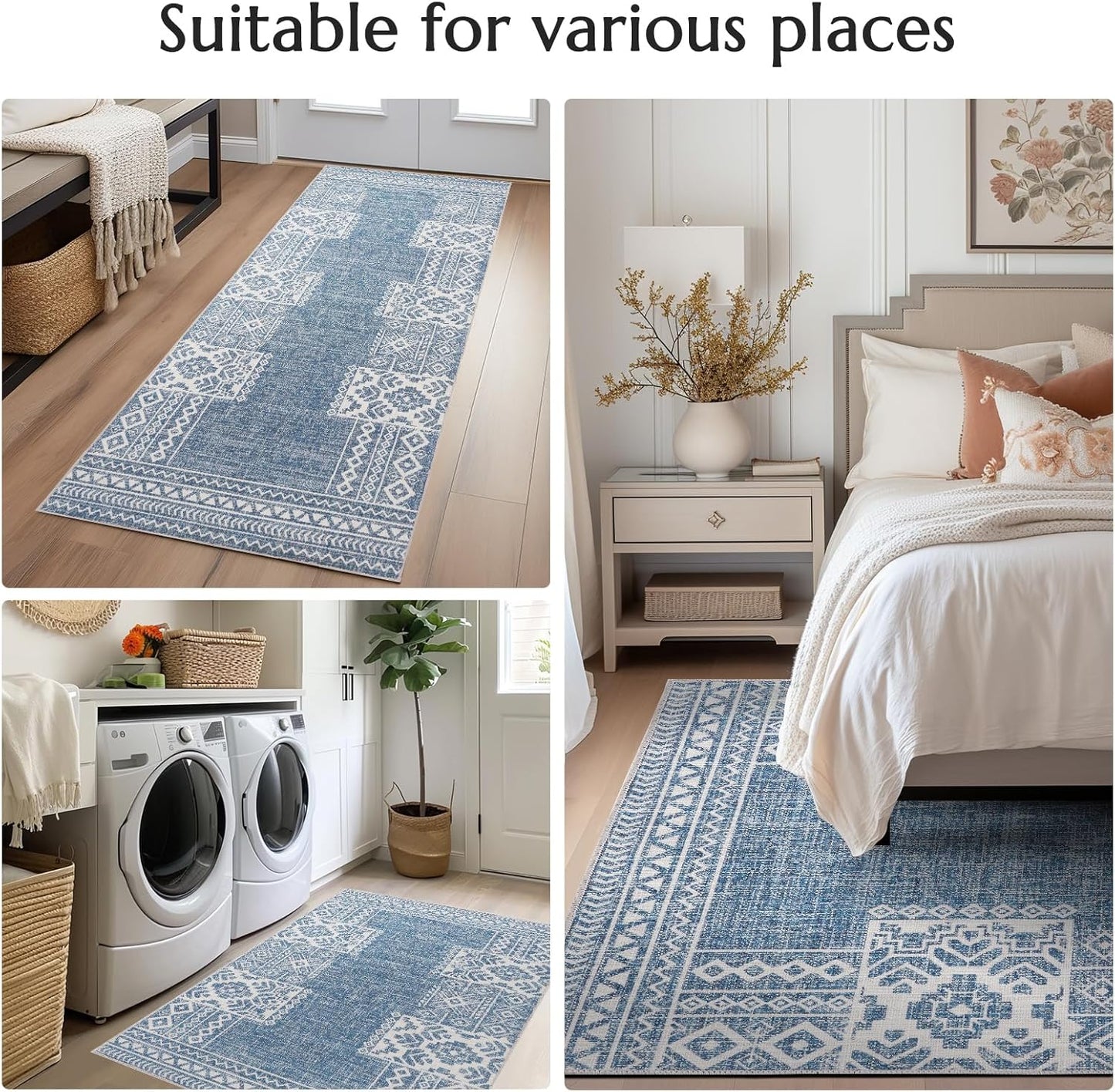 jinchan Area Rug 4x6 Ultra-Thin Washable Vintage Boho Geometric Entryway Rug Non-Slip Non-Shedding Carpet for Living Room Bedroom Blue Ivory