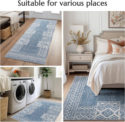 jinchan Area Rug 4x6 Ultra-Thin Washable Vintage Boho Geometric Entryway Rug Non-Slip Non-Shedding Carpet for Living Room Bedroom Blue Ivory