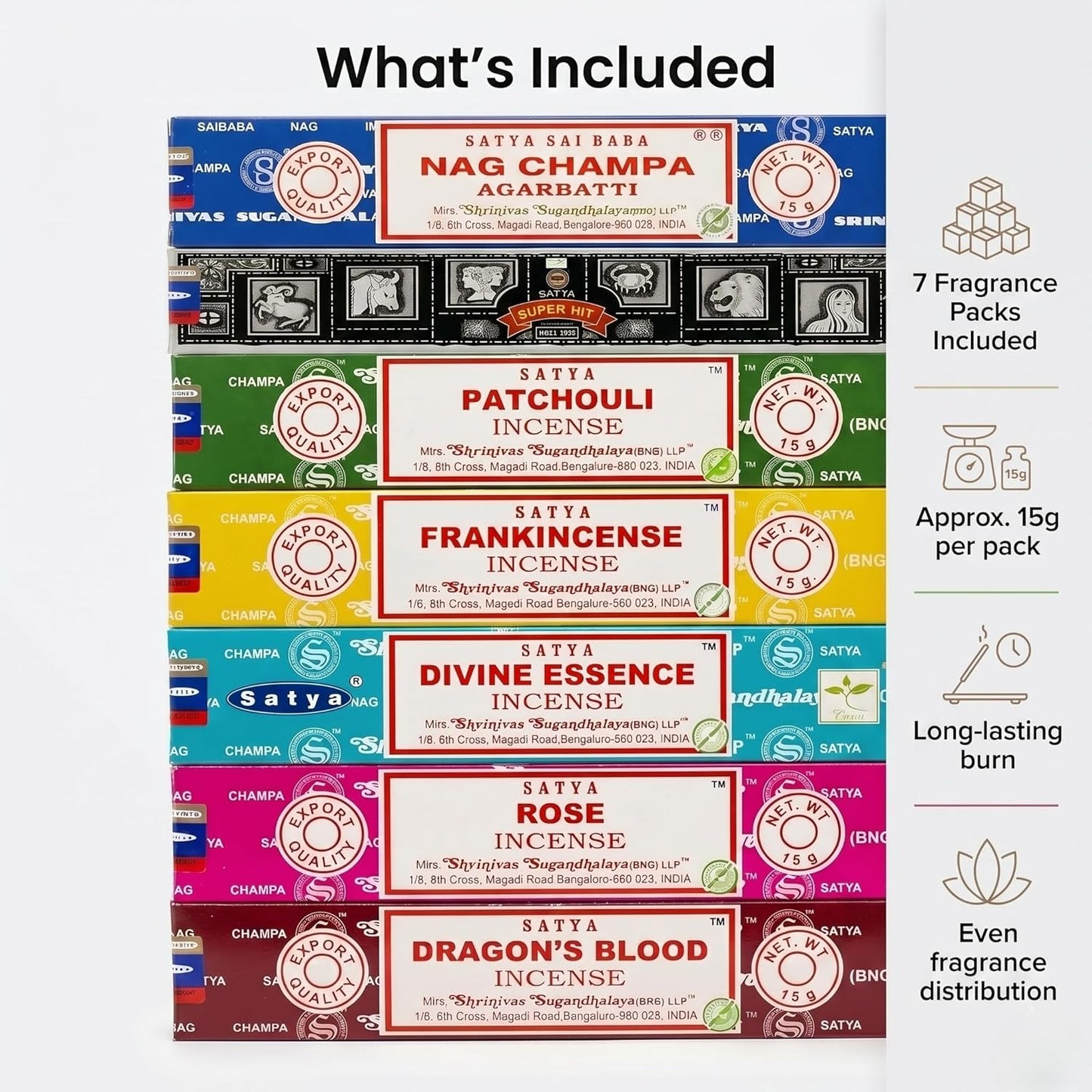 Satya Incense Gift Set Nag Champa, Super hit, Dragon's Blood, Sandalwood, Patchouli, Lavender, Positive Vibes, 15 g
