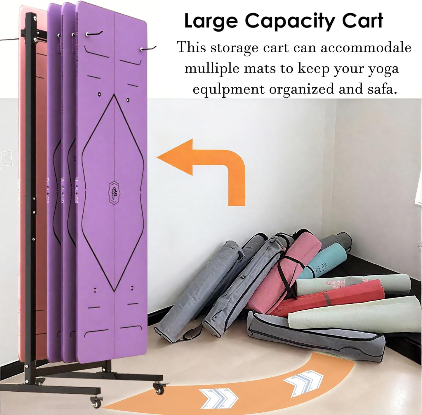 Yoga Mat Storage Rack on Wheels, Metal Yoga Mat Holder with Double Sided Hooks & Punching Tool, Rolling Organizer Cart for Home Gym, Exercise & Fitness Club