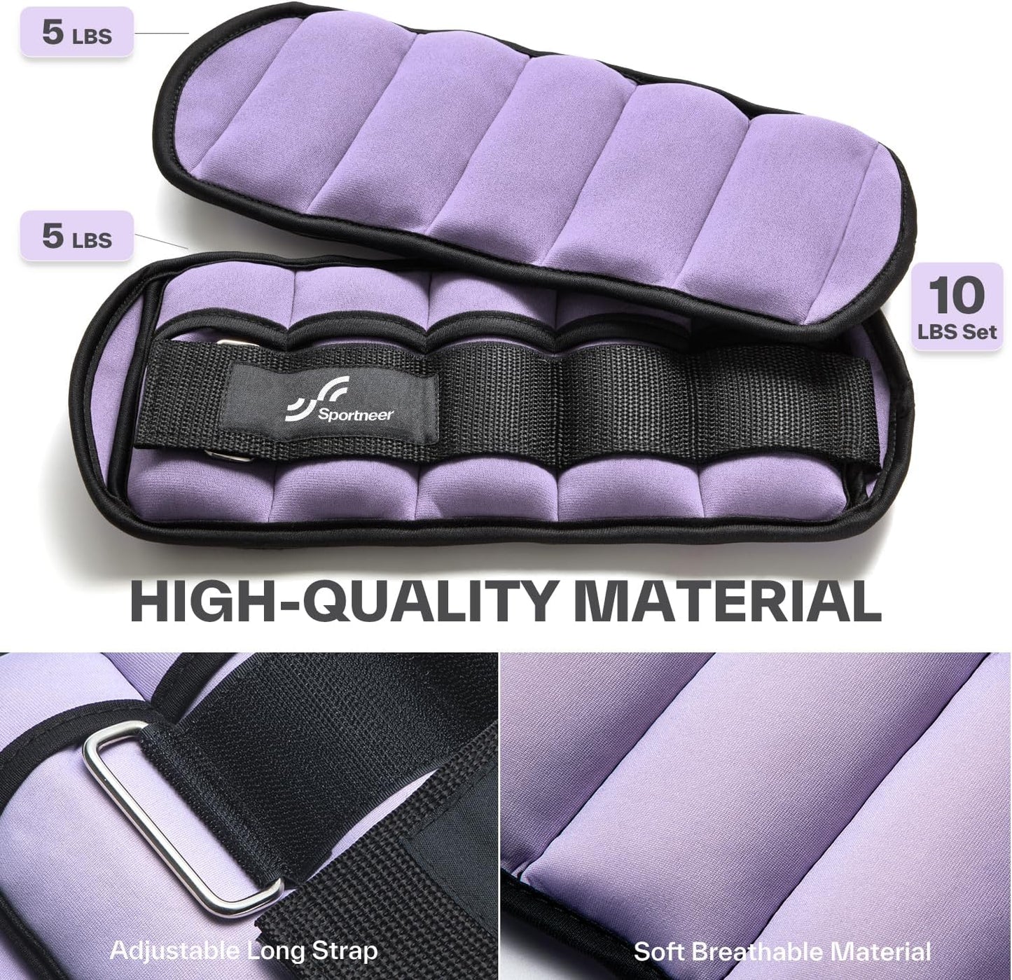 Sportneer Adjustable Ankle Weights Set - 1 Pair (2-10 lbs) Removable Sandbags for Women & Men, Comfortable Neoprene Leg Weights for Walking, Running, Pilates, Yoga, Home Workout & Physical Therapy