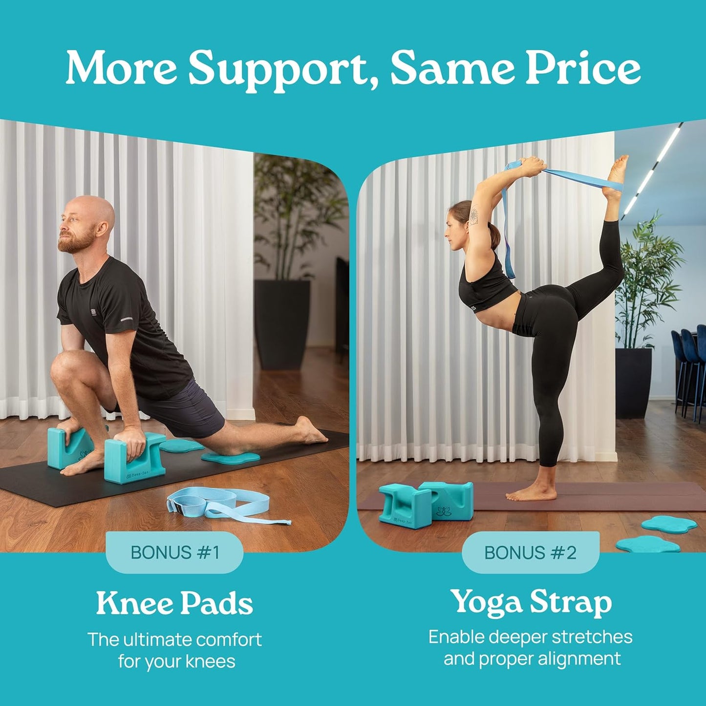 PRO Yoga Blocks | Ergonomic Yoga Block 2 Pack for Wrist Comfort and Support | EVA Foam Exercise Blocks, 2x Knee Pads & Yoga Strap | Pilates Block Set | Bricks to Eliminate Wrist Pain