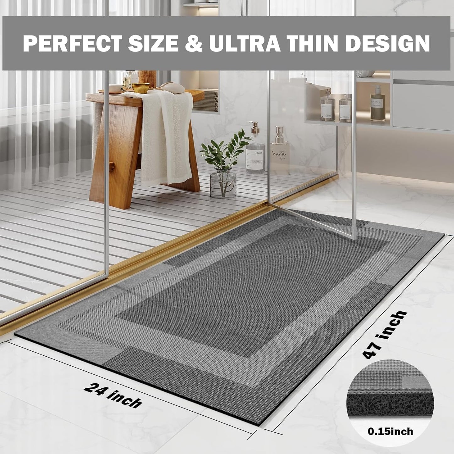 YDKGL Non Slip Long Bath Mat Bathroom Runner, Rubber Backing Ultra Thin Bathroom Rugs Fit Under Door Quick Dry Super Absorbent Washable Bath Rug Shower Mat for Bathtub Sink Floor, Dark Gray 17"x47"