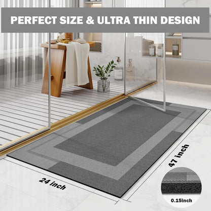 YDKGL Non Slip Long Bath Mat Bathroom Runner, Rubber Backing Ultra Thin Bathroom Rugs Fit Under Door Quick Dry Super Absorbent Washable Bath Rug Shower Mat for Bathtub Sink Floor, Dark Gray 17"x47"