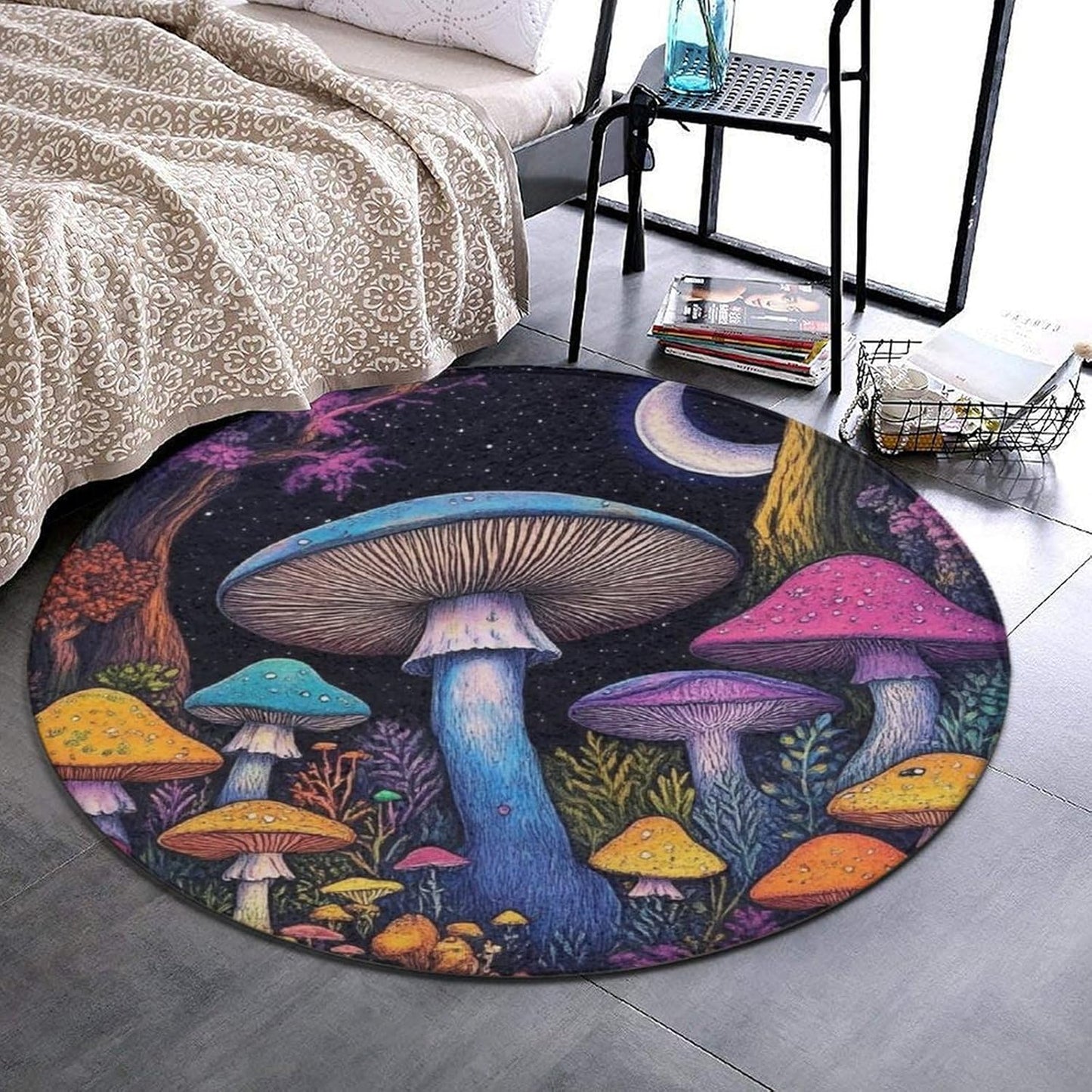 Machine Washable Modern Round Area Rug, Room Sofa Yoga Soft Round Carpet, Home Decor Non Slip Kitchen Office Circle Rug Trippy Rainbow Mushroom Tie Dye Art, 60inch