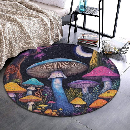 Machine Washable Modern Round Area Rug, Room Sofa Yoga Soft Round Carpet, Home Decor Non Slip Kitchen Office Circle Rug Trippy Rainbow Mushroom Tie Dye Art, 60inch