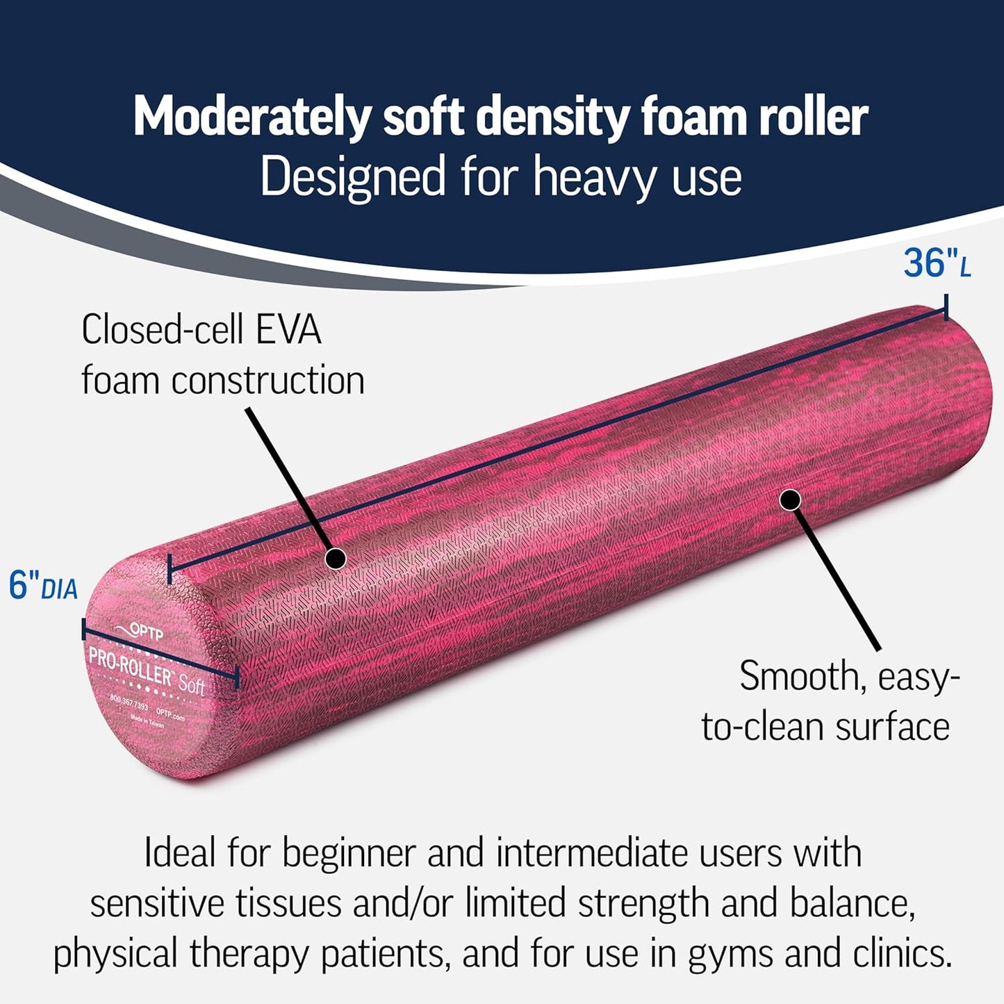 OPTP PRO-Roller Soft Density Foam Roller – Low Density Soft Foam Roller for Physical Therapy, Pilates, Yoga Foam Roll Exercises, and Muscle Recovery - Blue 18" x 6"