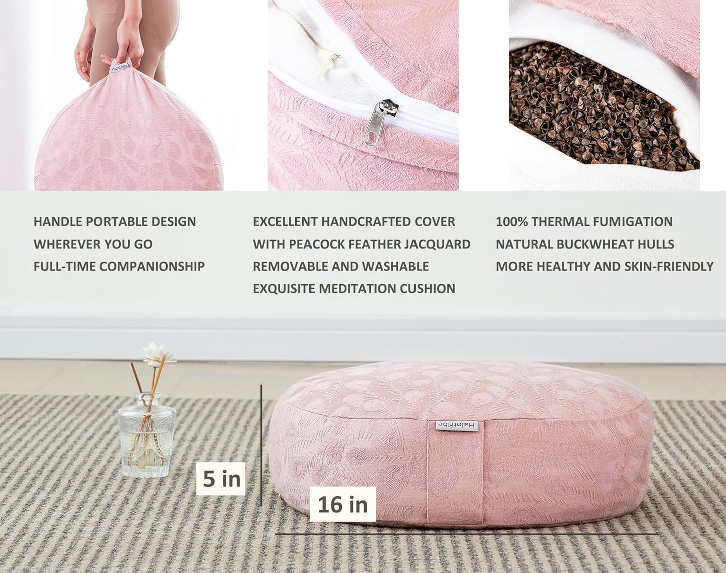 Meditation Cushion, Comfortable Meditation Pillow with Peacock Feather Jacquard Cover. Buckwheat Hull Filled Zafu Floor Pillow 16 * 16 * 5 in