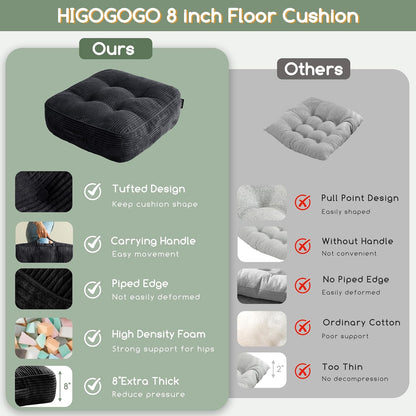 HIGOGOGO Floor Pillow Cushion for Adults, Meditation Cushion Pillow, Large Square Floor Sitting, Tufted Corduroy Cover, for Tatami Living Room or Yoga, 22x22 Inch, Dark Grey