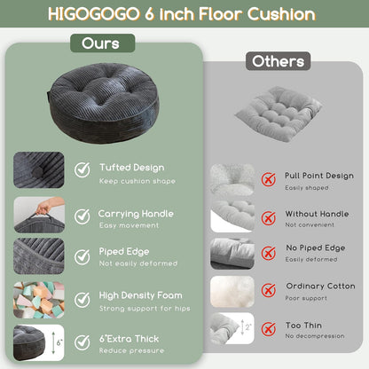 HIGOGOGO Floor Pillow Cushion for Adults, Meditation Cushion Pillow, Large Square Floor Sitting, Tufted Corduroy Cover, for Tatami Living Room or Yoga, 22x22 Inch, Dark Grey