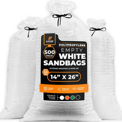 Xpose Safety Heavy Duty Sand Bags with Tie Strings – Empty Woven Polypropylene Sandbags for Hurricane Flood Protection, 50 lb Capacity, 14" x 26", White, Pack of 10