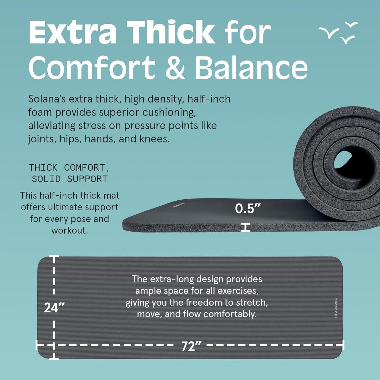 Retrospec Solana Yoga Mat Thick 1/2in Non-Slip Workout Mat with Nylon Strap - 72x24in Exercise Mat for Pilates, Stretching & Fitness - BPA Free, Easy Clean