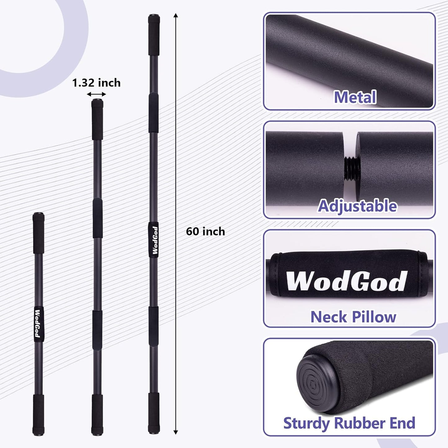 5 FT Yoga Exercise Stick,Adjustable Length for 2.5/3.75/5FT,with Non-Slip Rubber Ends and Neck Pillow,Perfect for Stretching, Exercise,Physical Therapy,Posture Corrector,Balance Support Stick,Flexibility,Black