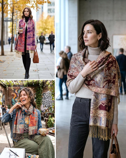 Achillea Reversible Paisley Pashmina Rave Scarf – Exotic Indian Shawls and Wraps for Evening Dresses, Festivals, All Seasons - Colors A