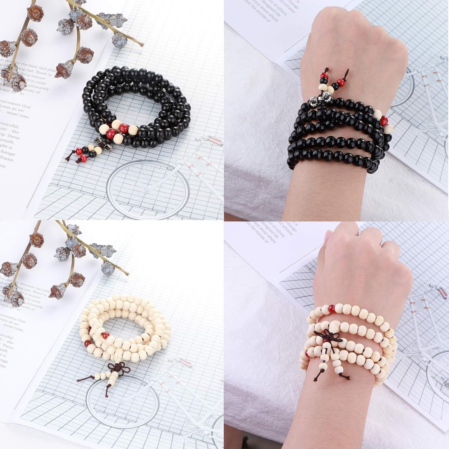 LOYALLOOK 12Pcs 108 Mala Bead Bracelets 8MM Buddhist Prayer Strand Sandalwood Wood Beaded Bracelet Necklace Elastic Handmade Multilayer Tibetan Buddha Link Wrist Bracelets Meditation Necklace Chain