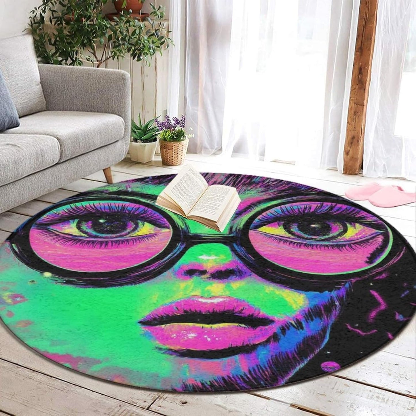 Machine Washable Modern Round Area Rug, Room Sofa Yoga Soft Round Carpet, Home Decor Non Slip Kitchen Office Circle Rug Union Jack Flag UK Mandala Art, 60inch