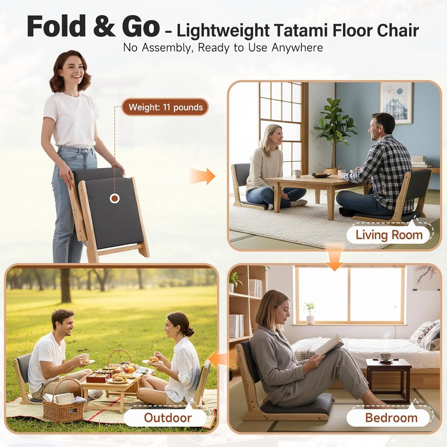 Tiita 2Pcs Floor Games Chair, Foldable Meditation Tatami Chairs, Backrest Chair with Cushion, Living Room Chair Seat, Wood Grey