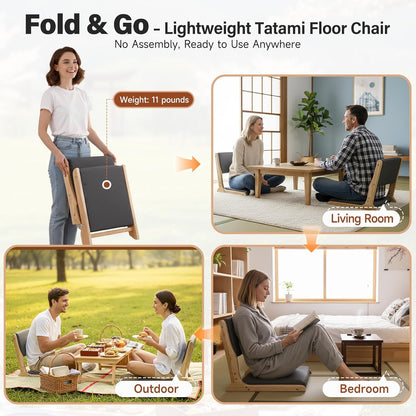 Tiita 2Pcs Floor Games Chair, Foldable Meditation Tatami Chairs, Backrest Chair with Cushion, Living Room Chair Seat, Wood Grey