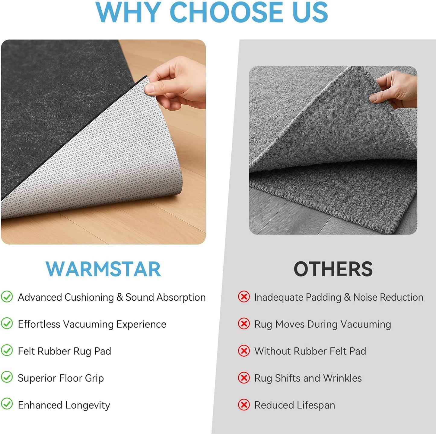 Warmstar 8x10 FT Non Slip Rug Pad,100% Waterproof Felt Rug Pad for Hardwood Floors,1/4” Thick Soft Carpet Pad with Natural Rubber Backing,Secure Grip & Floor Protection
