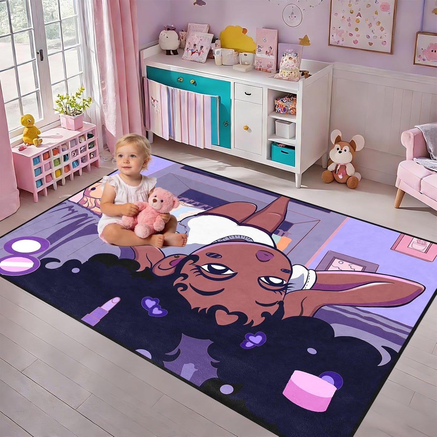 Black Girl Area Rug for Bedroom African Black Girls Floor Rugs for Living Room Playroom Cartoon Art Home Decor Soft Yoga Mats for Women Afro Purple 47" x 31" (2.7 x 3 Feet)