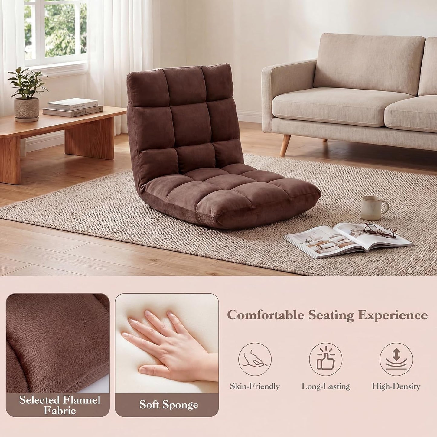 Giantex Folding Floor Chair with Back Support, 14 Adjustable Position, Padded Sleeper Bed, Couch Recliner, Gaming Floor Chairs for Adults, Meditation, Living Room (TAN)
