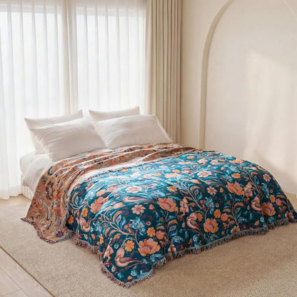 Boho Throw Blanket - 100% Cotton Soft Summer Throw Blanket for Bed, 50"x60" Reversible Breathable Lightweight Blankets, All Seasons Farmhouse Decor Floral Plant Butterfly Throw Quilt