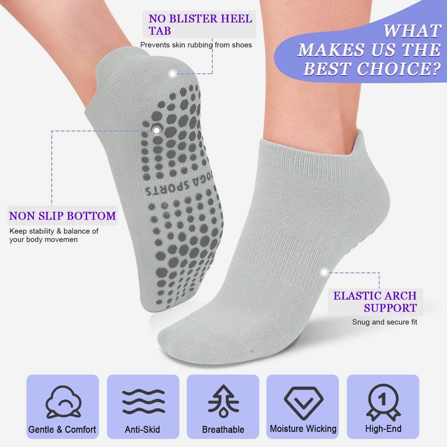 yeuG Pilates Socks for Women Non Slip Grip Socks for Yoga, Barre, Hospital, Barefoot Grippy Yoga Sock Womens Gifts 4 Pairs