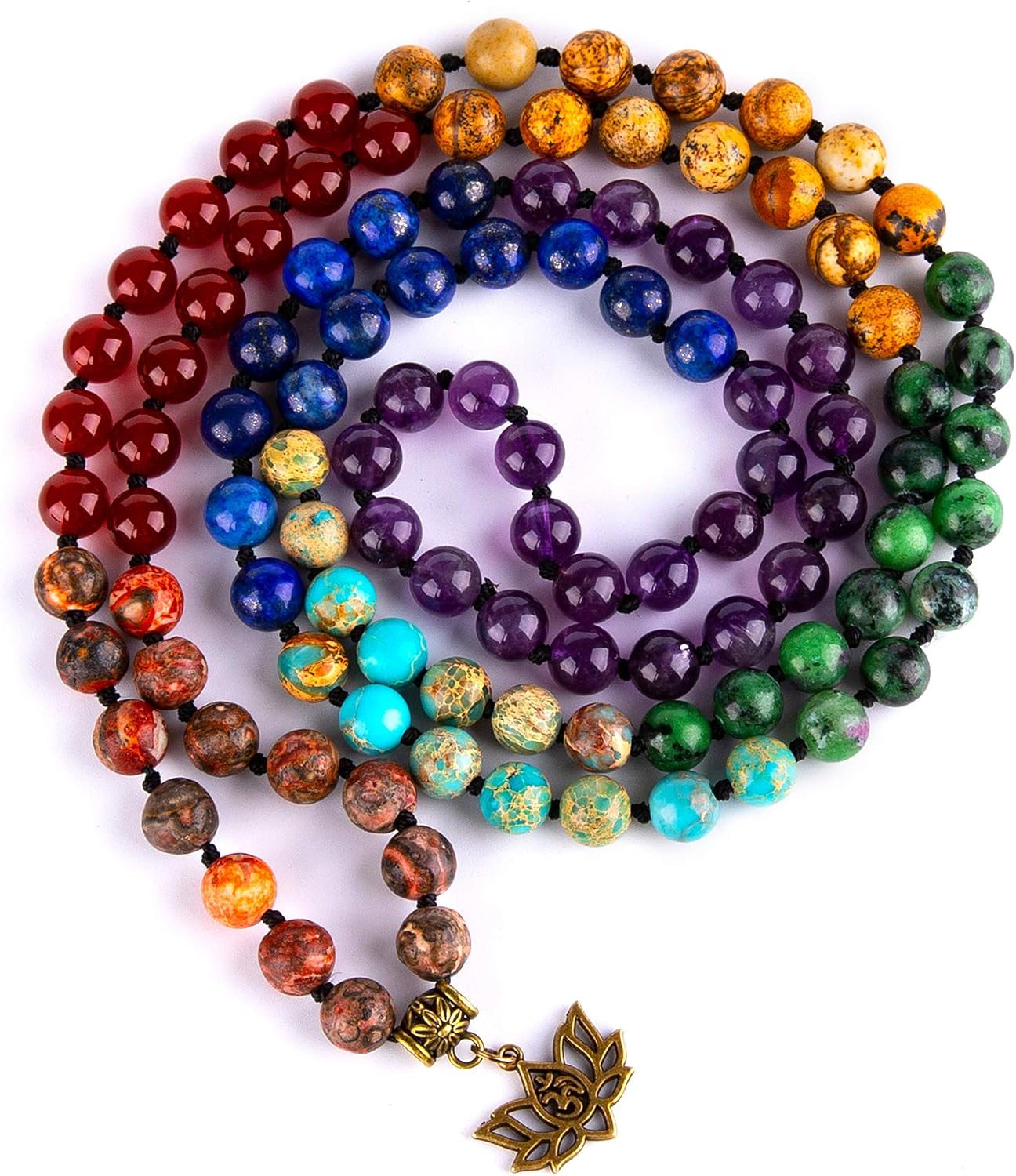 Bivei 7 Chakra 108 Mala Beads Bracelet Real Gemstone Yoga Meditation Hand Knotted Mala Prayer Bead Necklace