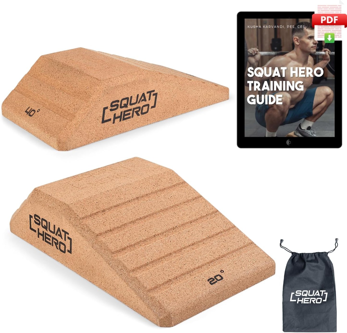 Squat Hero, Cork Squat Wedge Block, Perfect for Knees Over Toes and Full Depth Squat Training, Patent Pending Non-Slip Slant Board, Deadlift Wedge, Calf Stretcher, Quantity 2