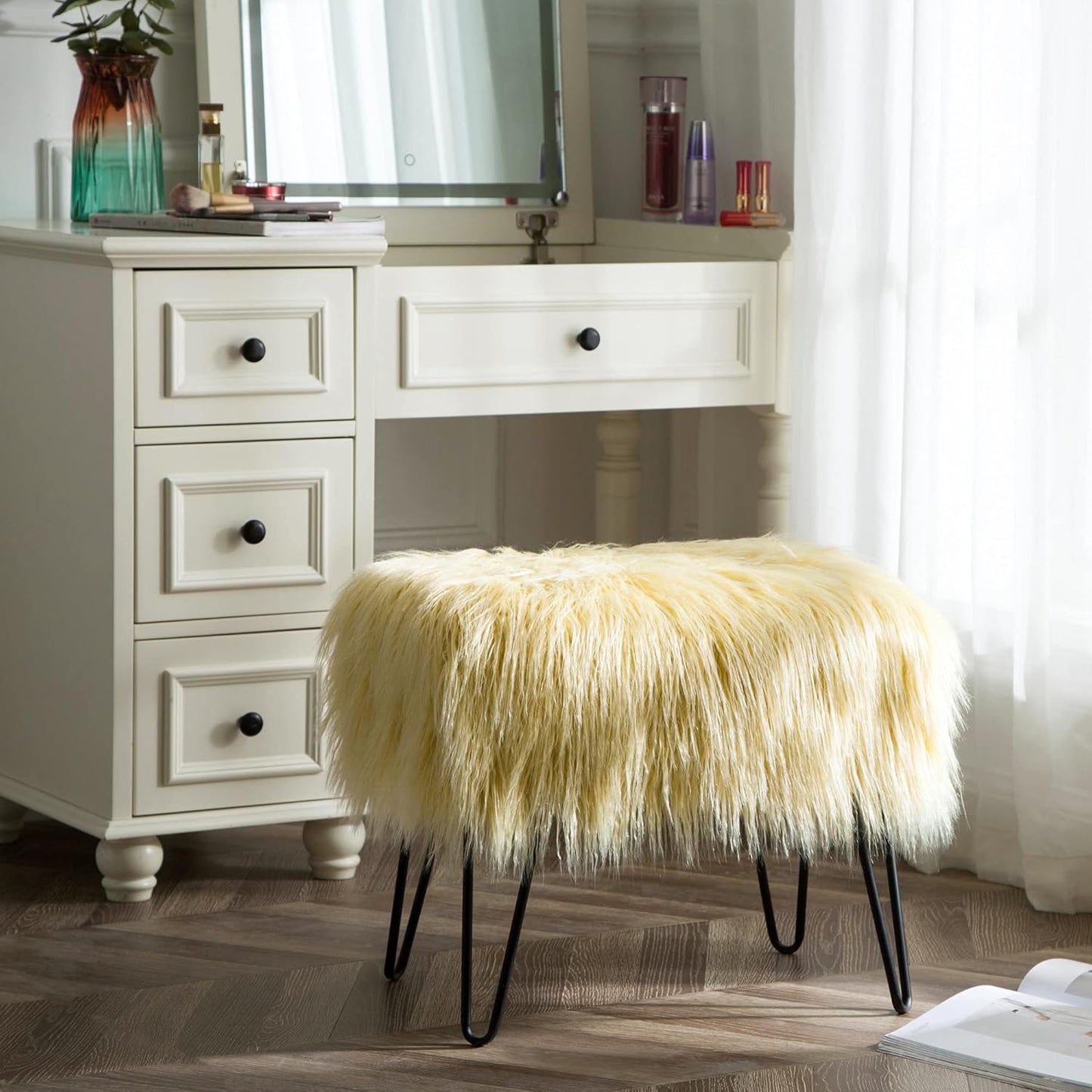 Home Soft Things Green Mongolian Faux Fur Ottoman, Desert Sage, 19'' x 13'' x 17'', Cozy Plush Fluffy Ottoman Foot Rest Stool for Living Room Bedroom Entryway Makeup Bench End of Bed Home Décor