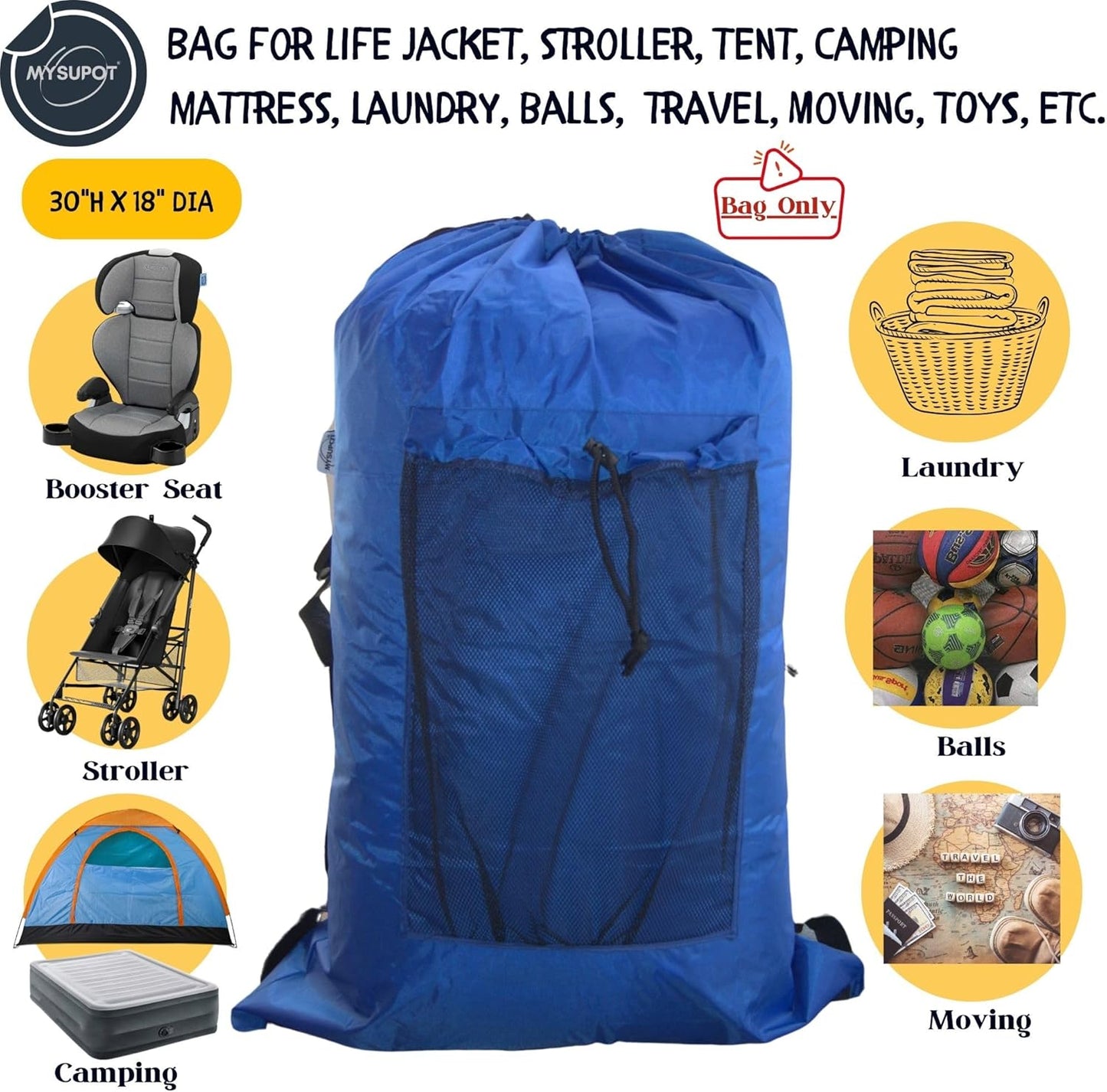 BLACK (Large 36"x24"x6") Beach Chair Bag. For Tent, Camping Mattress, Recliner, Dog Bed, Director & Lounge Chair, Booster Seat, Laundry. Light Duty 420D Polyester w/Adjustable Straps.