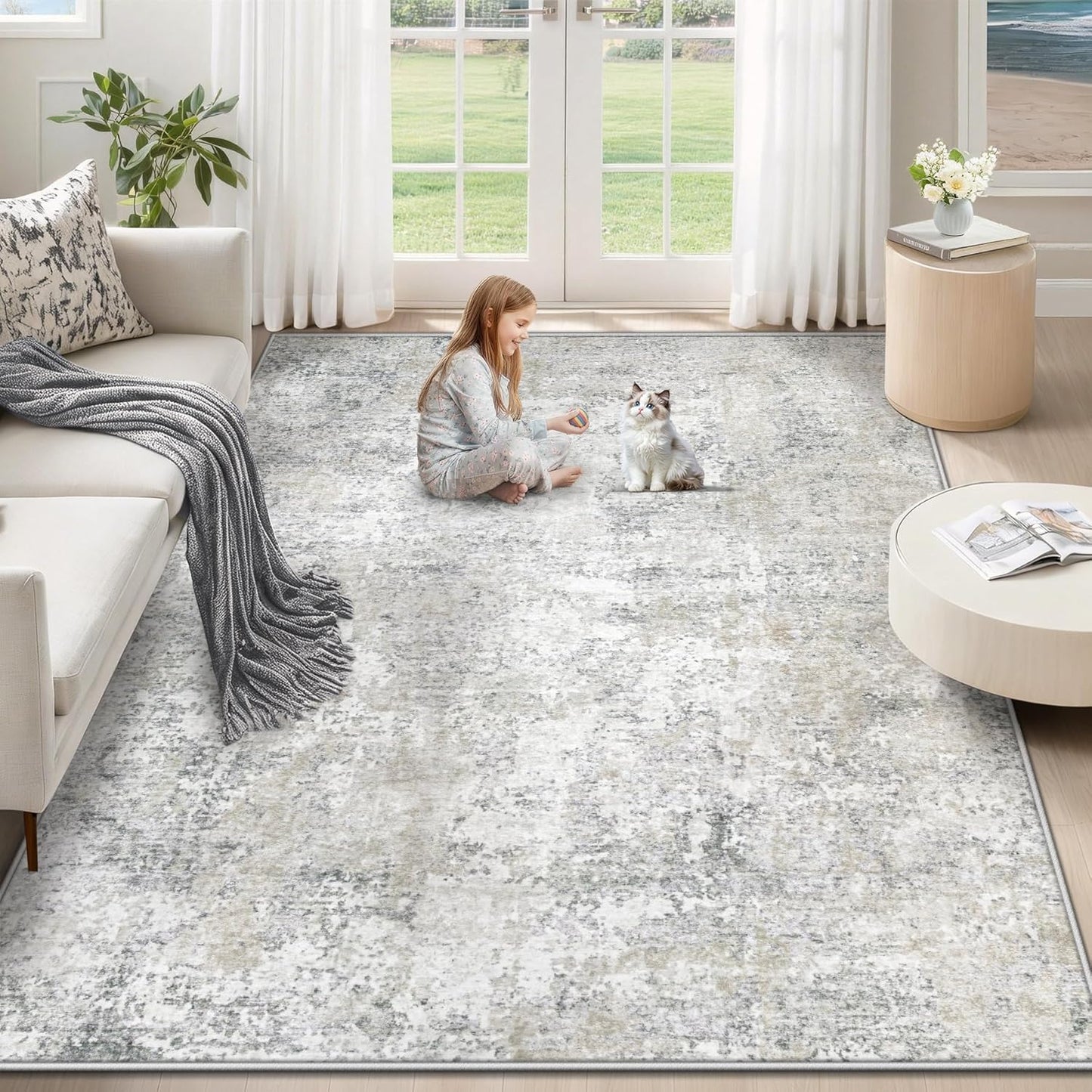 XLUEZ 8x10 Area Rugs for Living Room, Washable Modern Abstract Large Area Rug Neutral Soft Non Slip Kids Rug Stain Resistant Indoor Carpet for Bedroom Nursery Dining Children's Room(Blue, 8'x10')