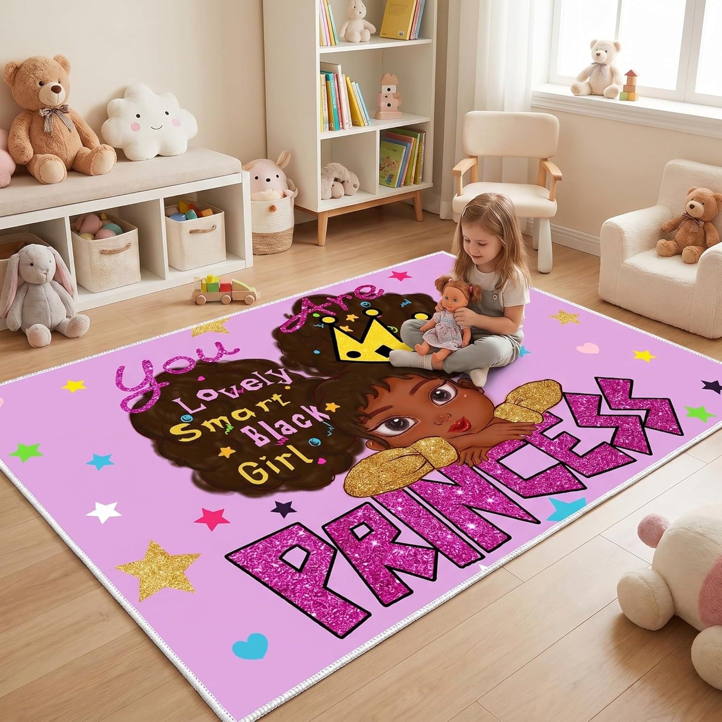 Black Girl Area Rug for Bedroom African American Rugs for Room Princess Carpet Kids Rugs for Bedroom African Girls Carpet for Living Room Teen Girls Yoga Mats, Pink, 4'×5'
