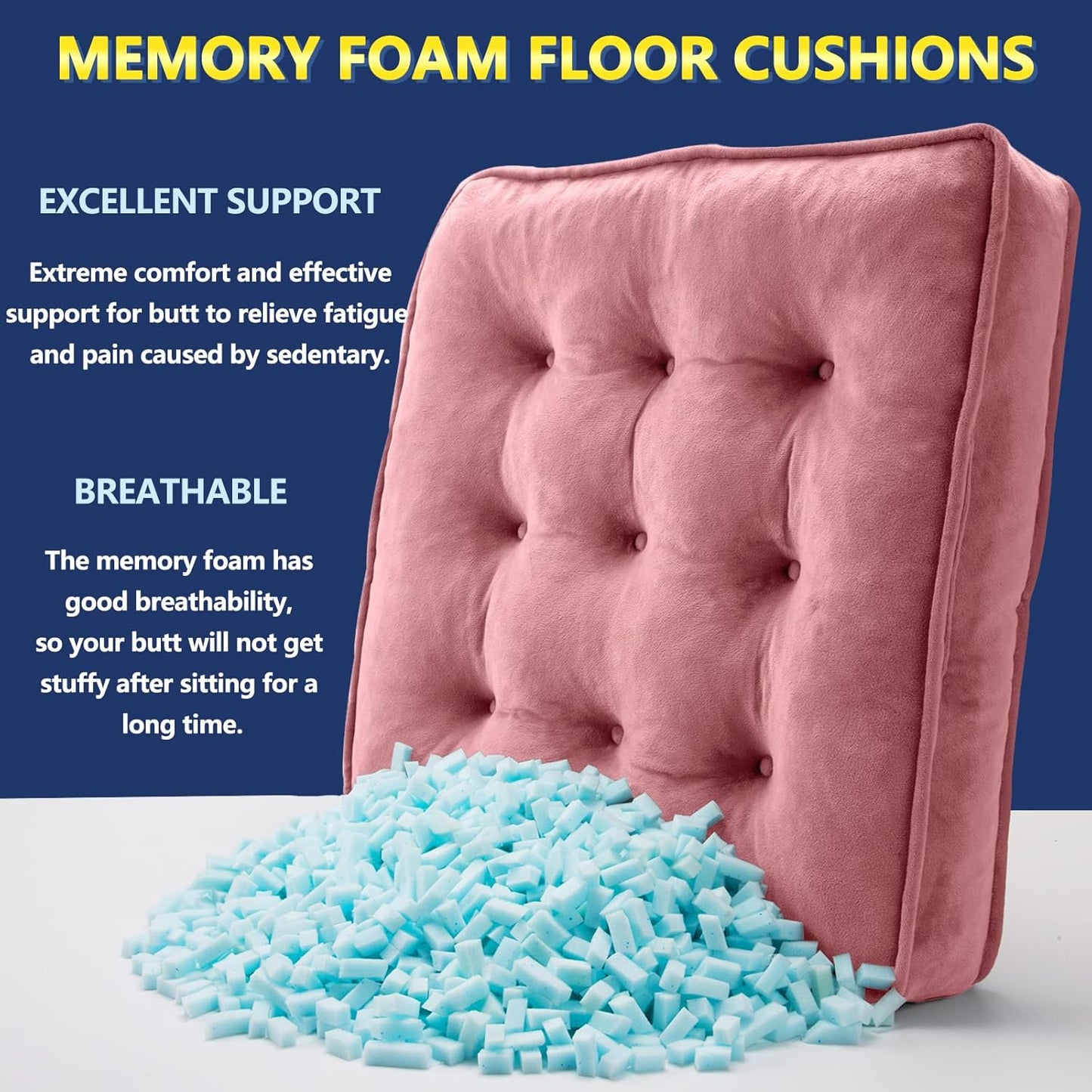 1 MIDDLE ONE Floor Pillow Set of 2, Memory Foam Meditation Cushion, Floor Cushions for Adults Sitting, Large Square Seat Cushions for Yoga, Living Room, 20x20 Inch (Grey)