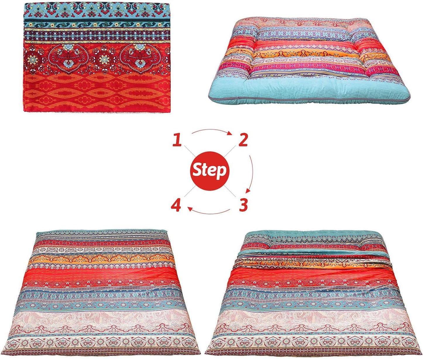 MAXYOYO Bohemian Retro Mattress Boho Floral Japanese Futon Mattress Tatami Floor Mat Foldable Portable Camping, Sleeping Pad, Lounger Couch Bed Full Size