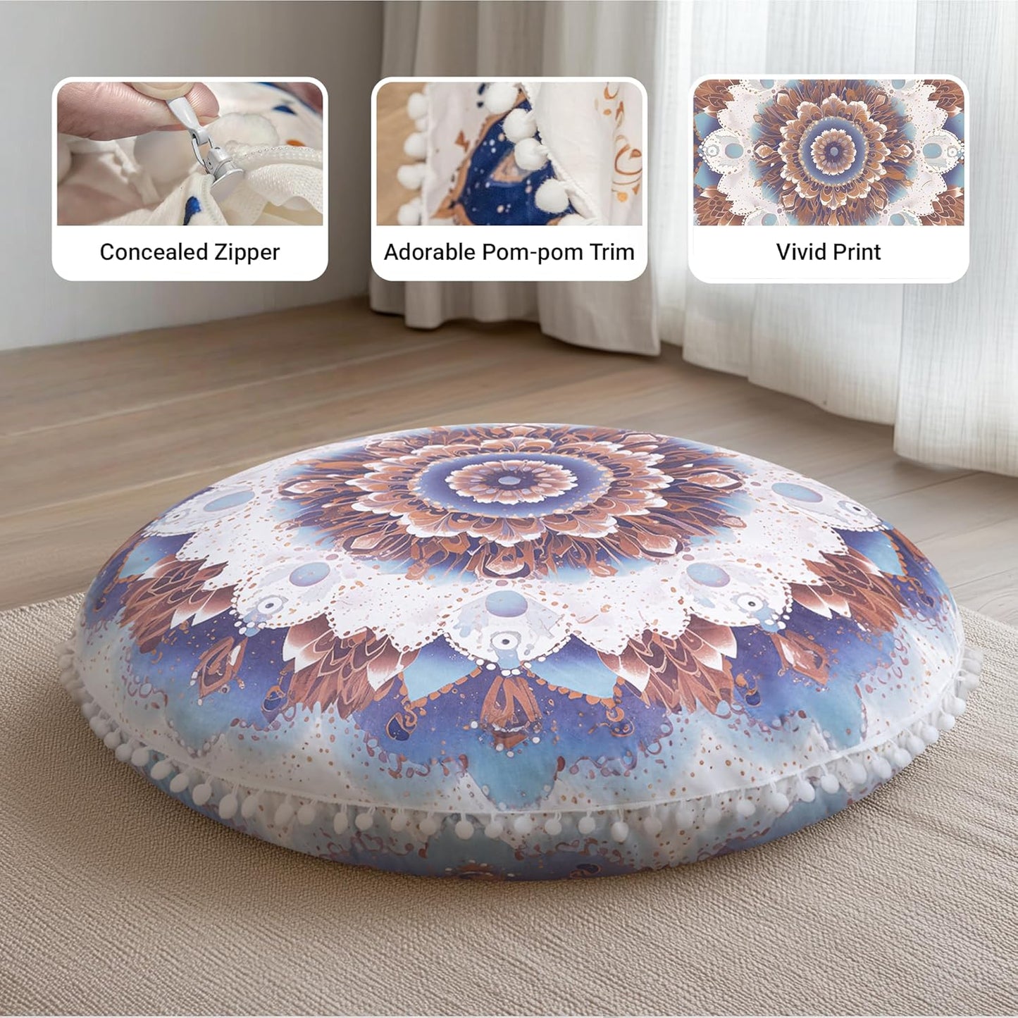 Meditation Cushion 32 Inch Round, Large Floor Pillow Seating for Adults, Bohemian Mandala Yoga Cushion, Extra Thick Memory Foam Removable Washable Cover, Ideal Gift & Holiday Decor, Blue