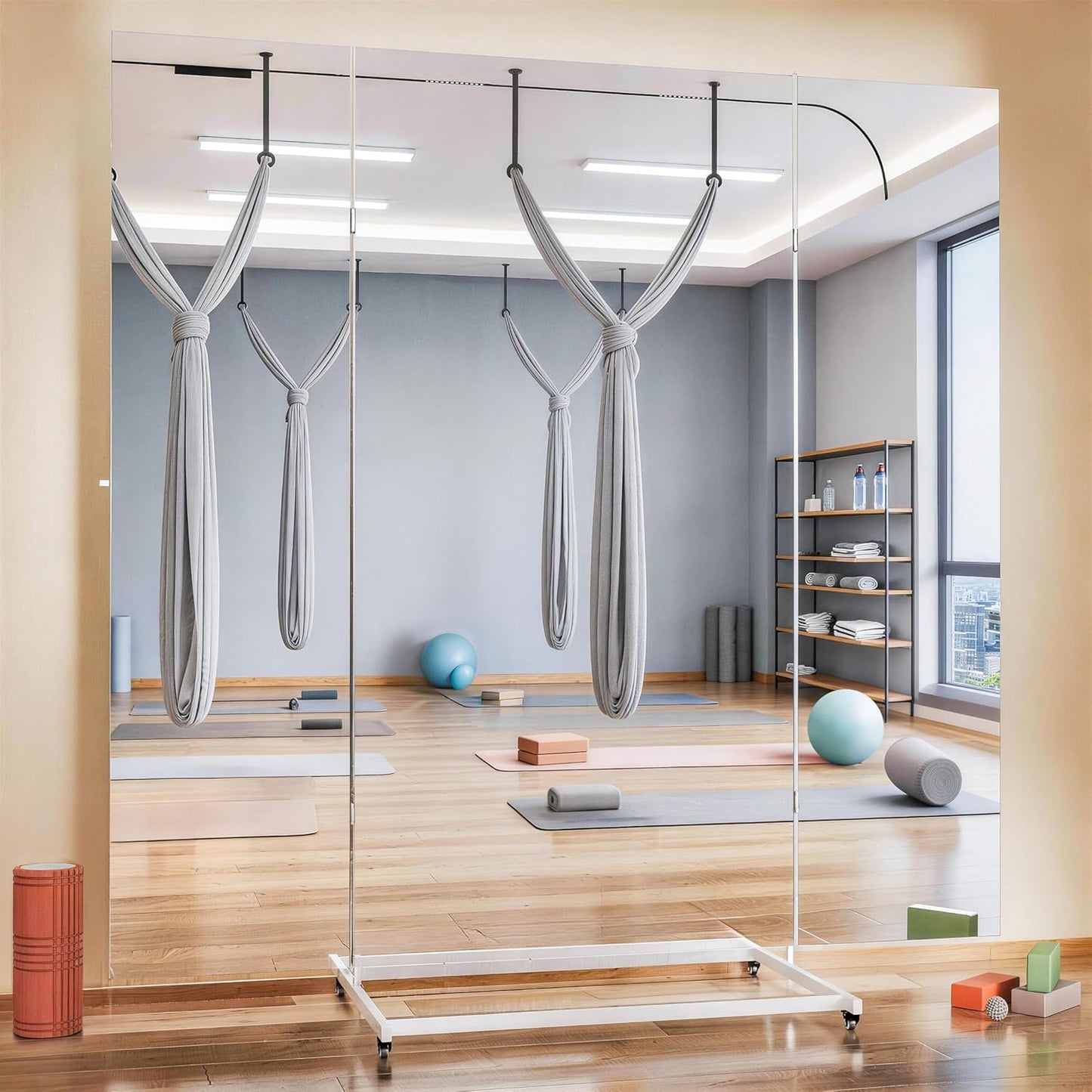 Hasipu Home Gym Mirror with Light 360° Swivel on Wheels, 79" x 32" Extra Large Full Length Rolling LED Mirror for Yoga Studio, Bedroom, Dancing Studio, White
