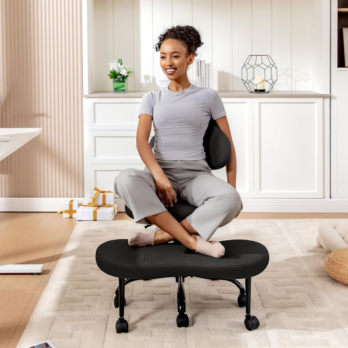 AtHope Cross Legged Office Chair, Criss Cross Desk Chair ADHD Meditation Kneeling Yoga Seat with Adjustable Height, Lumbar Support, Wider Footrest and Wheels (Black)