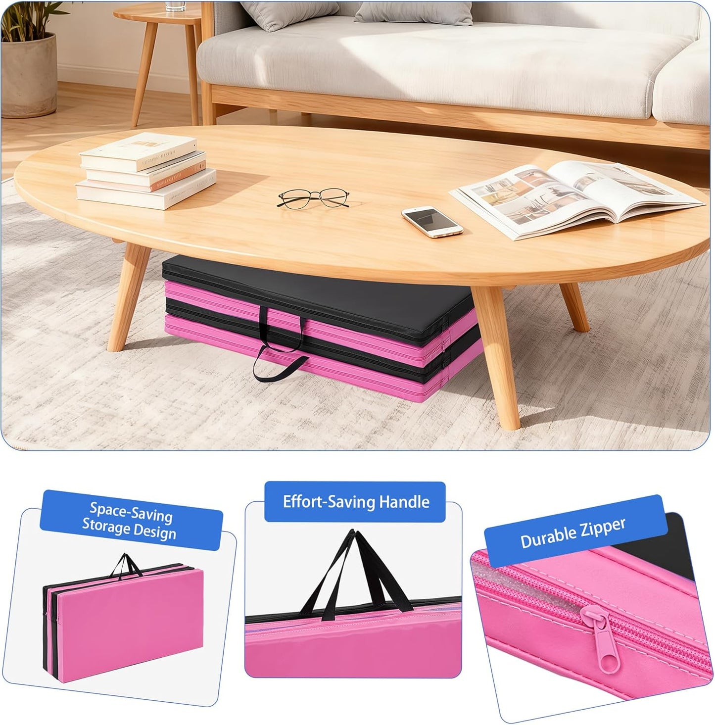 Outdoor Basic 6'x3'x2'' Gymnastics Mats Portable 4-Fold Tumbling Mat Thick Yoga Mat with PU Leather & Carry Handle for Home Workout, Yoga, MMA Core Training, Pilates