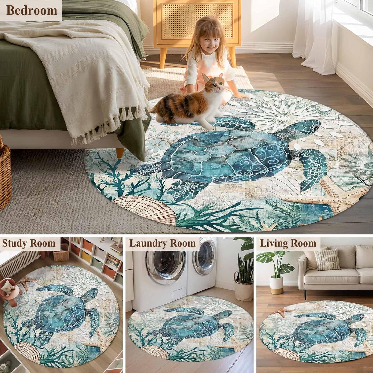 Libaoge Round Area Rugs 3 ft Indoor Aloha Mats Sea Turtle Ocean Animal Nautical Map Soft Living Room Bedroom Unique Carpet Woman Yoga Mat Home Decor