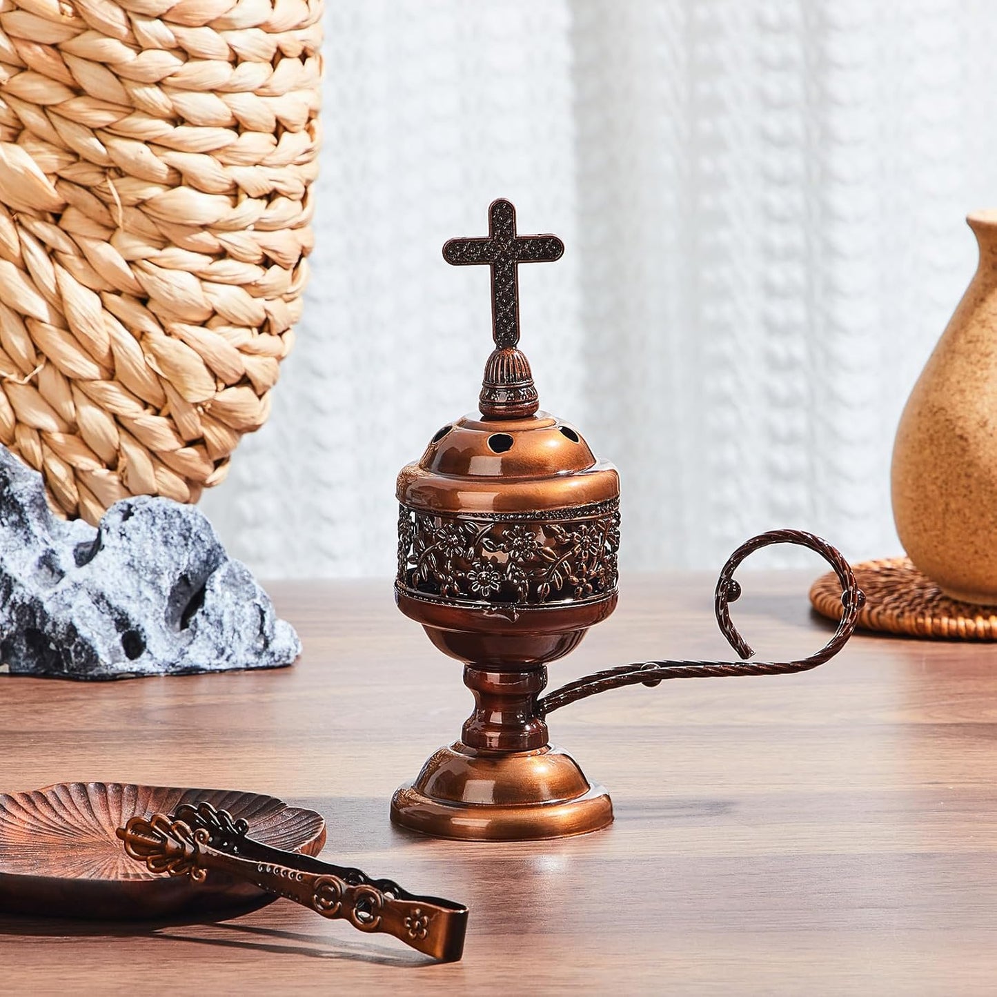 Zonon 1 Set Incense Burner with Tong, Frankincense Charcoal Incense Stand Holder, Ideal for Yoga, Spa, Aromatherapy, Home and Christian Church Censer (Gold,Retro)