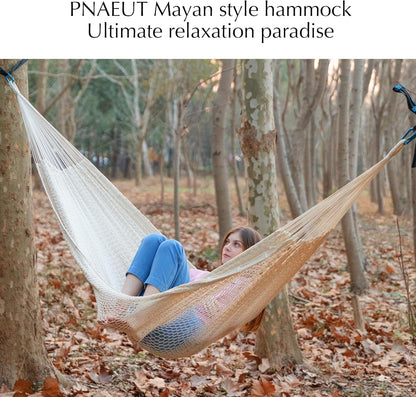 PNAEUT Handwoven Mayan Hammocks, Double Rope Hammock for Outdoor Outside & Indoor, Thick Soft 600 lbs Capacity Heavy-Duty, Includes Tree Straps, Carabiners & Carrying Bag (Nature, X-Large)