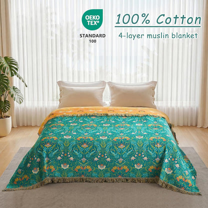 Boho Throw Blanket - 100% Cotton Soft Summer Throw Blanket for Bed, 50"x60" Reversible Breathable Lightweight Blankets, All Seasons Farmhouse Decor Floral Plant Butterfly Throw Quilt