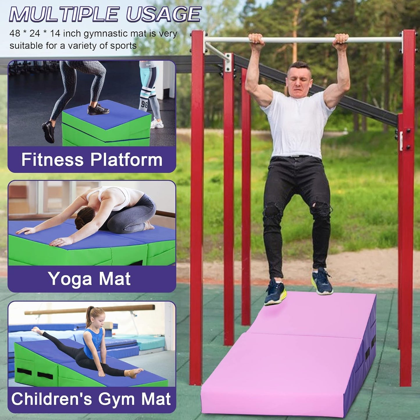 PayLessHere Gymnastics Tumbling Mats Incline Tumbling Mat Folding Gymnastic Tumbling Mat 48"x24"/34"x24" lnch Indoor/Outdoor Exercise Mat Home Gym Yoga Mat with Handle