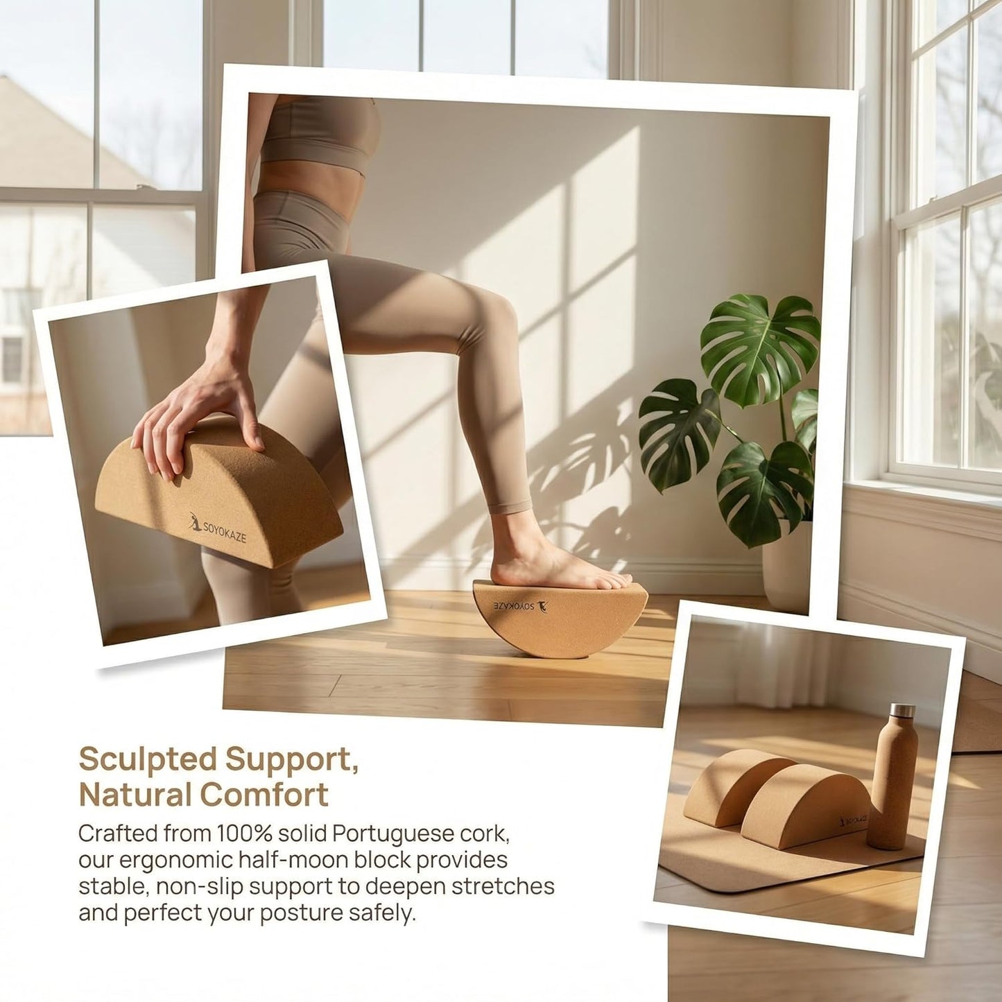 Cork Yoga Blocks 2 Pack Set,Half-Moon Calf Stretcher for Plantar Fasciitis Relief, Ankle Stretcher Pilates Block and Lower Leg Exercise,Improve Balance, Stability & Foot Mobility
