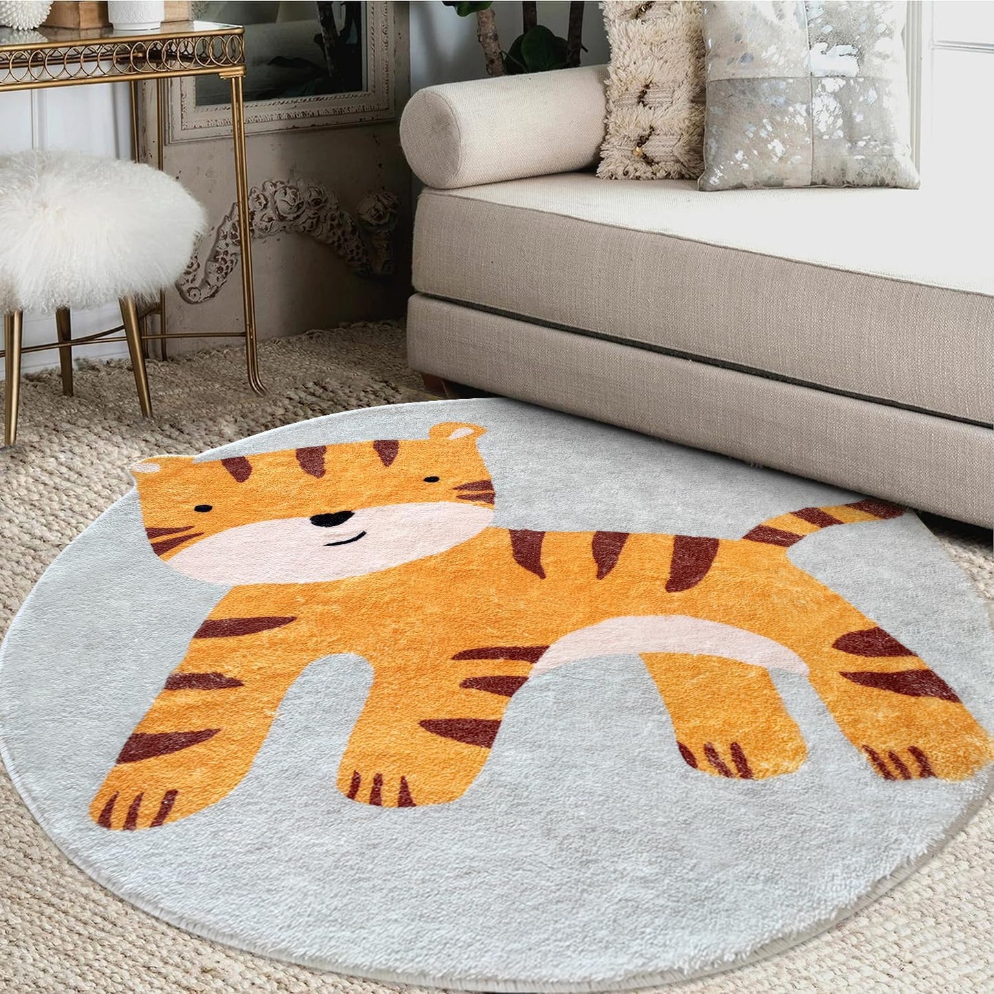 Poowe Cute Animals Kids Room Rug,39.4" Round Washable Area Rugs Rabbit Rug Nursery Rug for Baby Boys Girls Play Mat Floor Carpet Non Slip Soft Rugs for Living Room Bedroom Playroom Classroom