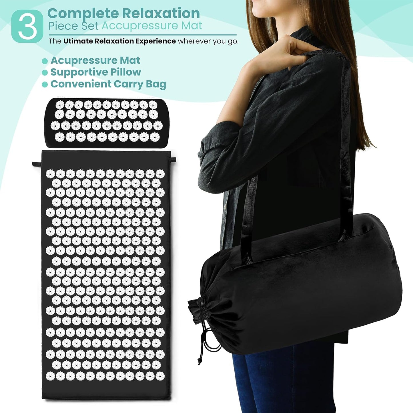 Sivan Back and Neck Pain Relief Acupressure Mat and Pillow Set, Chronic Back Pain Treatment - Relieves Your Stress of Lower Upper Back and Sciatic Pain - Green