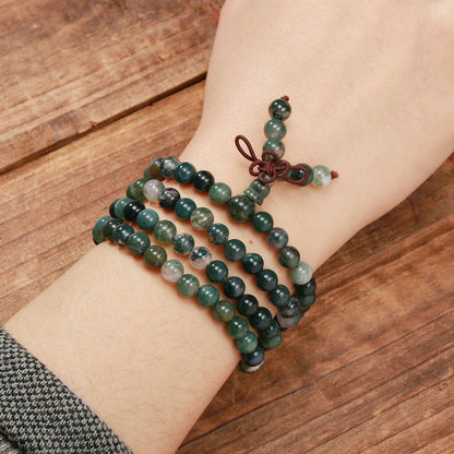 Jovivi 108 Mala Beads Bracelet 6mm 8mm Natural Indian Agate/Green Moss Agate Gemstone Healing Crystal Stone Beaded Bracelet Hand Knotted Prayer Mala Beads Necklace for Yoga Meditation Balance